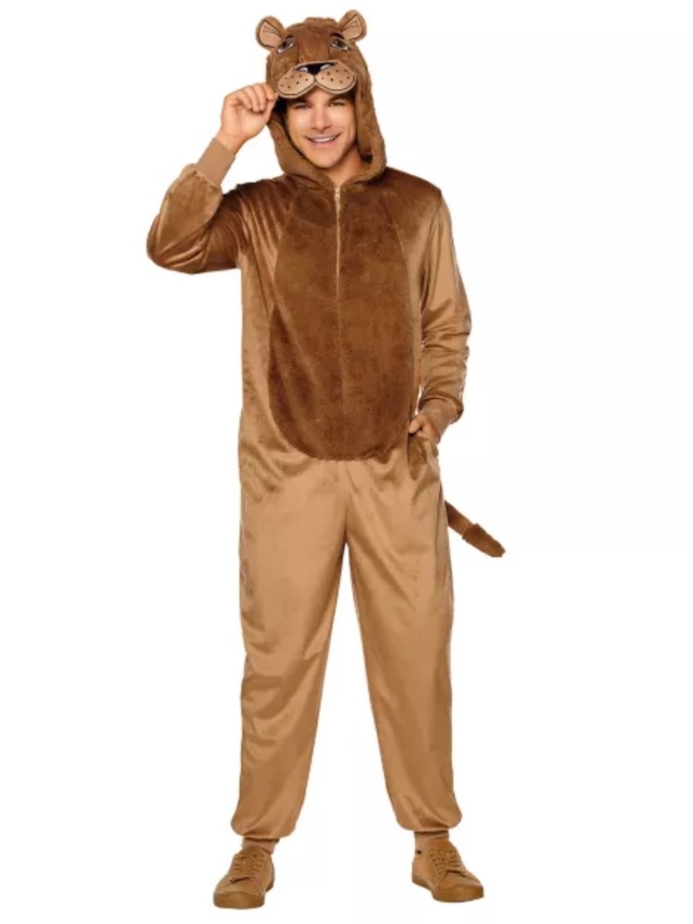 Spirit Adult Brown Plush Lion Zip Front Onesie Costume with Hood. Size Medium.